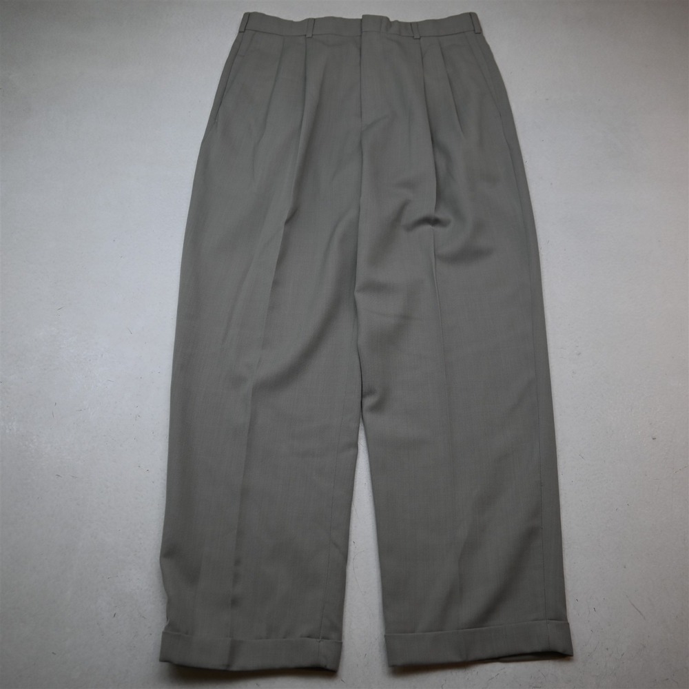 Vtg Y2K 2000s 33x32 Light Gray Wool Pleated Cuffed High Waist Baggy Pants